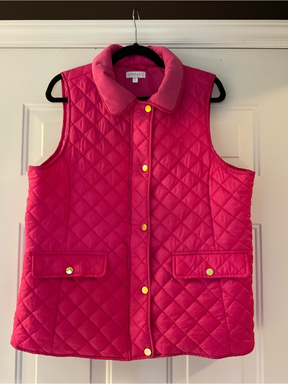 Crown & Ivy Hot Pink Quilted Puffer Vest w/Gold Snaps-XL